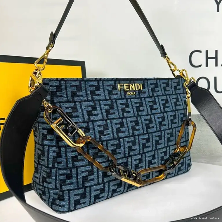 Cheap HOT O'Lock Fabric Shoulder Tapestry FF Zip Bag Blue Fendi In 0530